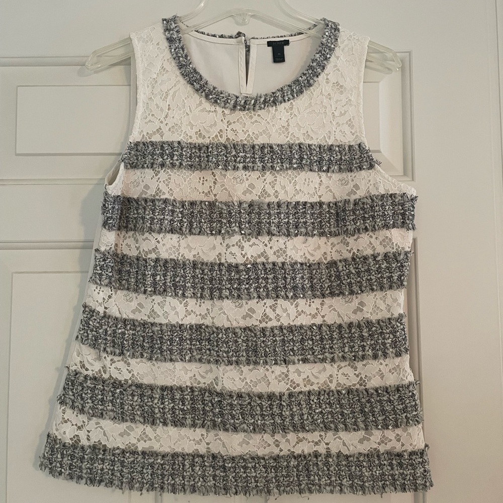 J. Crew White and Gray Shell/Top Medium